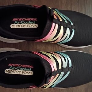 Skechers Women’s Black Slip-On Athletic Sneakers with Pastel Rainbow Straps